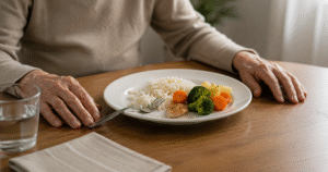 Prato de comida quase cheio à frente de um idoso sem apetite à mesa